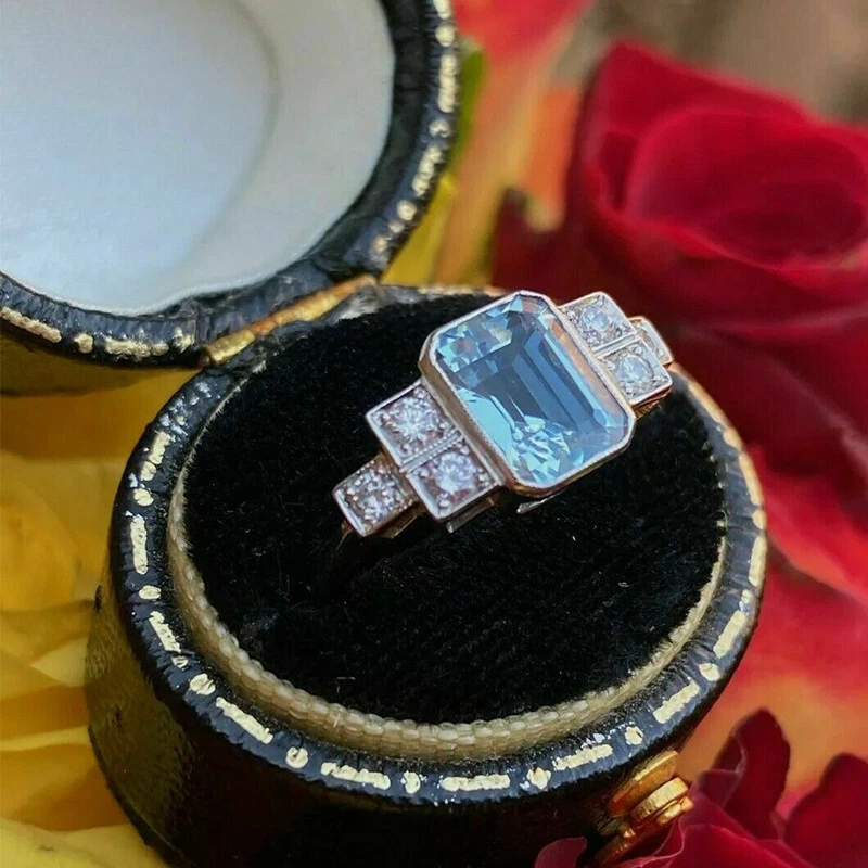 4Kt Aqua Blau Smaragd Damen Ring Diamant Verlobungsring Weißgold-Finish gr 52-62 - Bild 2 von 4