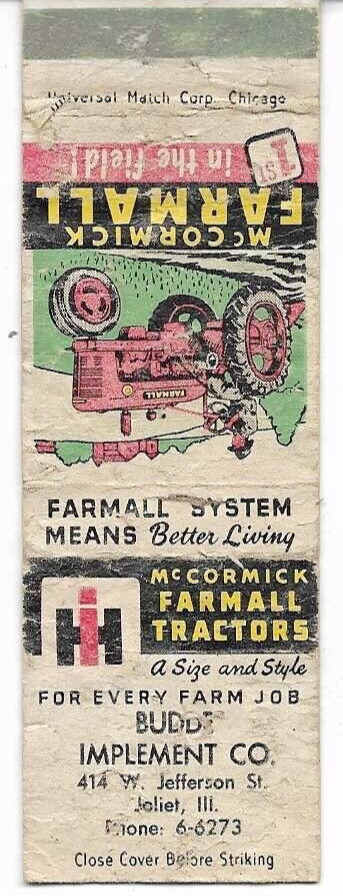 McCormick Formal Tractors International Harvester matchbook cover Joliet IL