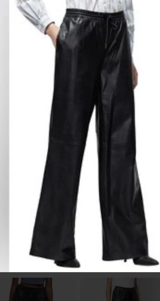 Pantalón de pierna ancha de tiro alto de cuero genuino con cordón negro XS#88 $1000 MARCO