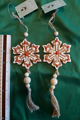 2 Iced Gingerbread Snowflake Cookie Christmas Ornament Ceramic Hand Decorated