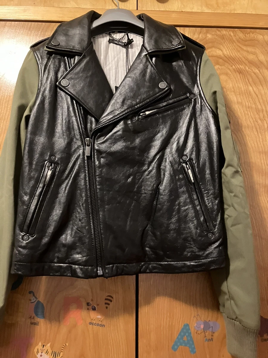 Leather jacket with fabric sleeves sale