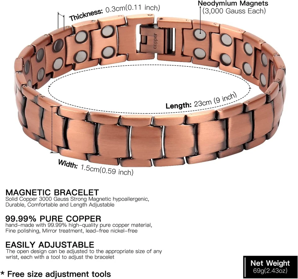 Men's Magnetic Bracelets Therapy Arthritis Pain Relief Pure Solid Copper Bangle - Image 4 of 4