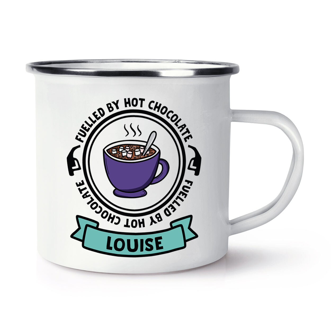 Personalised Fuelled By Hot Chocolate Enamel Mug Cup Son Daughter Birthday