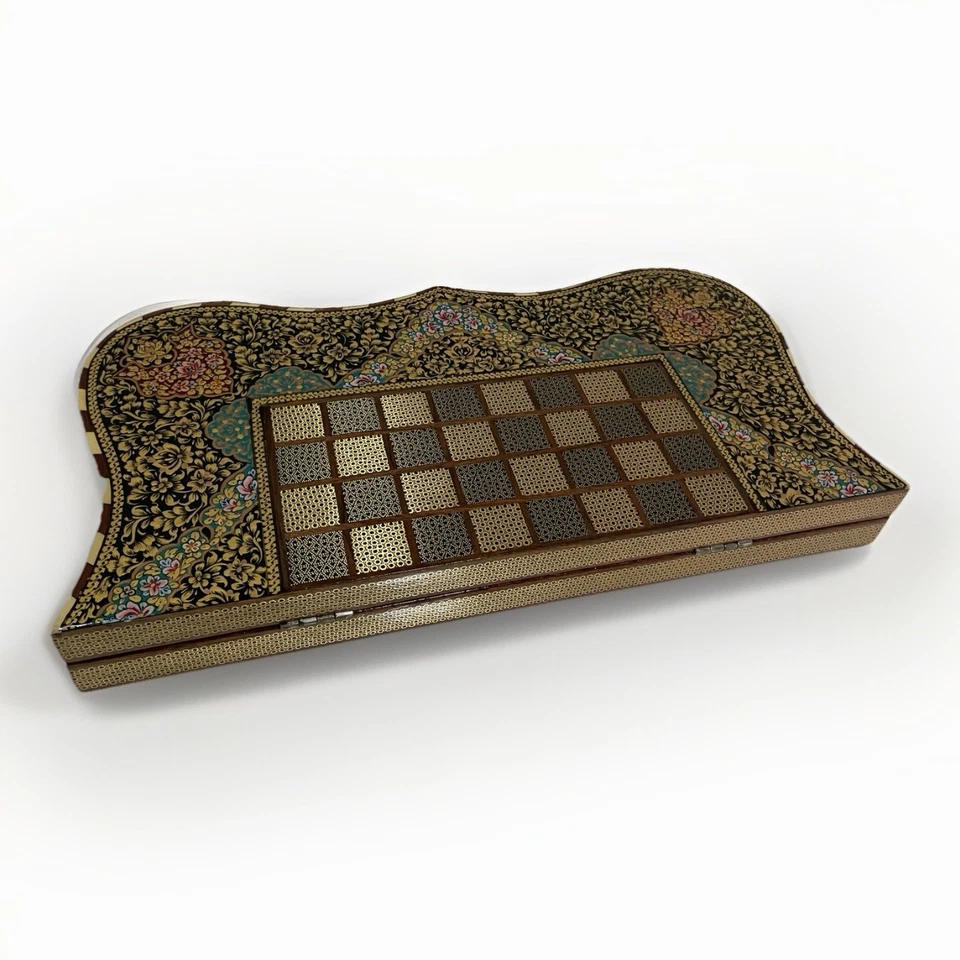 Handmade Khatam Backgammon & Chess Set Inlaid Folding Wooden Board with Case - Image 2 of 4