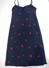 Lulus Summer Dress SZ XL Navy Blue W/ Red Flower Embroidery & Spaghetti Straps.