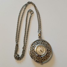 Vtg Caravelle Japan Pocket Watch Pendant Chain Silver Tone Filigree Manual Wind