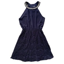 Blue Rain Womens Mini Dress Small Pearls Blue Beaded Lace Fit And Flare Halter