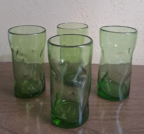 VTG Set of 4 Blenko Kiwi Green Pinched Dimple 5.5” Handblown Glass Tumblers