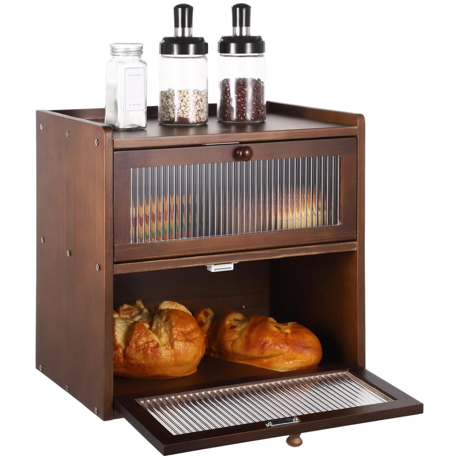 Bread for Kitchen Countertop - Wooden 2-Layer Large Capacity Bread Storage Co...