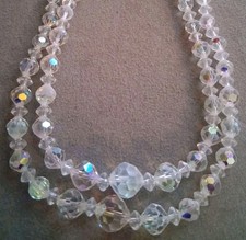 Faceted crystal bead aurora borealis double strand necklace, vintage, 17" adjust