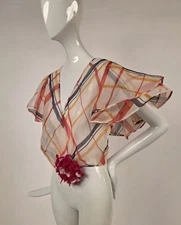 1930’S WINDOWPANE STRIPED SHEER ORGANDY JACKET BLOUSE W LAYERED BELL SLEEVES