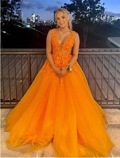 Custom 3D Lace Applique Glitter Tulle Prom Dresses Long Floral V Neck Ball Gown