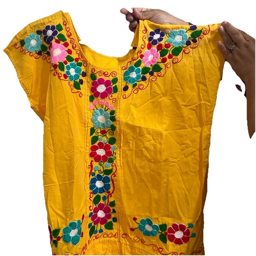 Yellow Huipil Hand Embroidered in Hidalgo Mexico Floral Cotton Blouse Women 3XL - Picture 1 of 2