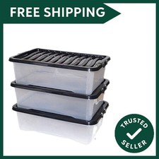 32L 32 Litre Large Big Plastic Underbed Storage Clear Box Strong Stackable Co...
