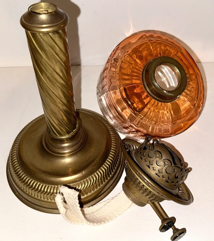 Antique Baccarat Rose Tiente Kerosene Banquet Lamp w/ Thos Rowatt Duplex Burner - Image 3 of 4