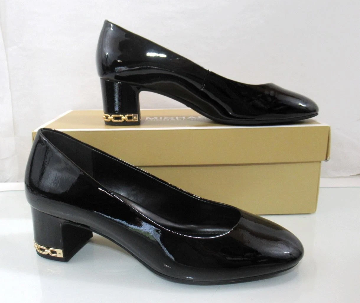 Michael Kors June Flex Mid Pump Block tacco MK logo nero brevettato taglia 7 5