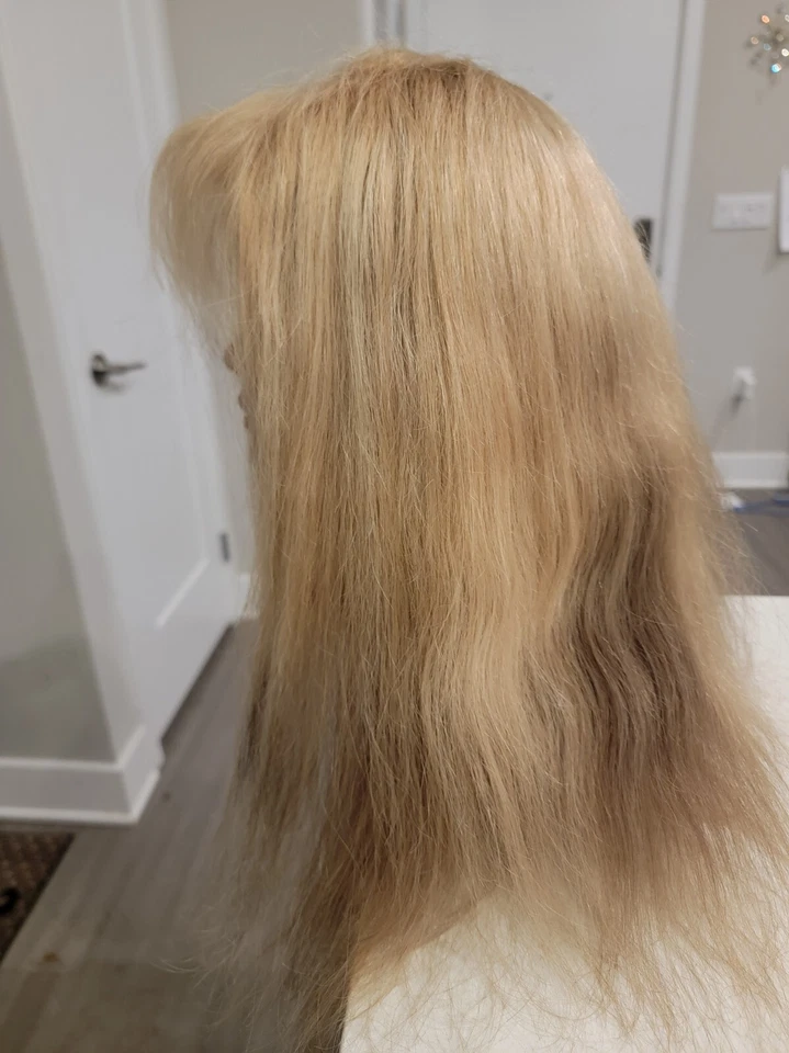 Peluca de cabello humano frontal de encaje mezcla 360 rubio dorado tapa mediana 16" usada Foto 2 de 4