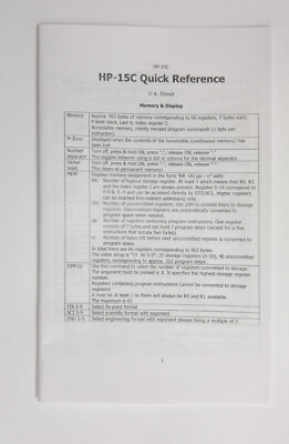 Hewlett Packard HP-15C Calculator Quick refeference