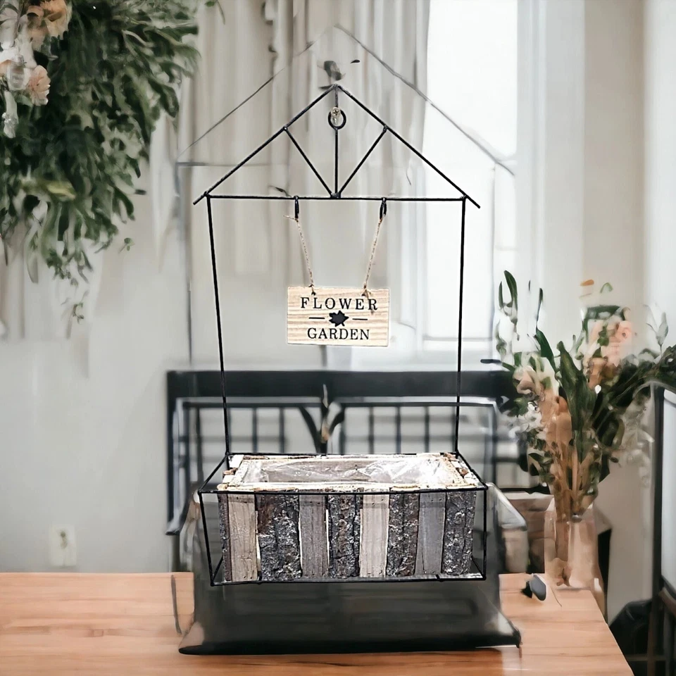 Rustic Wooden Wall Planter with Metal Frame & Sign – 30x47cm Flower Garden Decor - Image 4 of 4