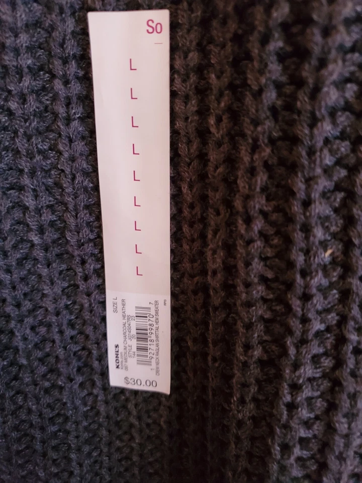 全新 JUNIOR'S SO Shirttail HEM 针织衫 长袖 PULLOVER CHARCOAL HEA 尺码 LG — 第 3/4 张图片