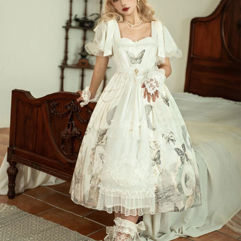 Retro Lady Girl Ruffle Dress Midi Gothic Butterfly Lace Puff Sleeve Cute Dress