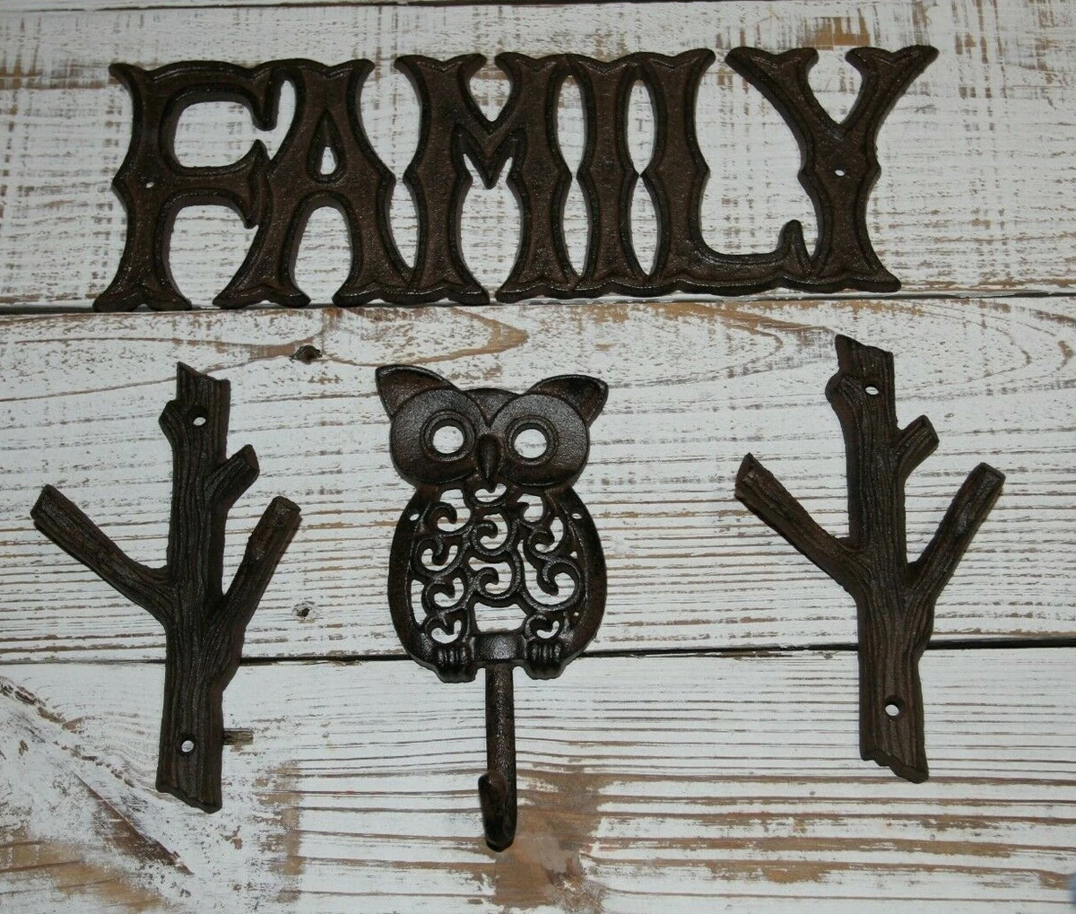Family Bathroom Wall Plaque Towel Hooks Cast Iron Family Fun 4 items