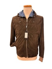 Mens Genuine Leather Hooded Jacket G.English Linen Denim Lined