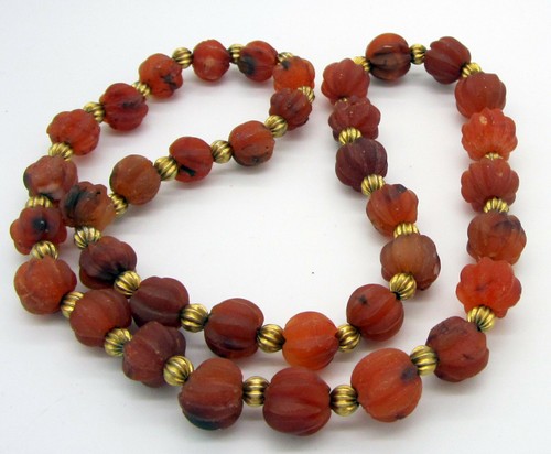 Vintage Sterling Silver 97.7 Gram Carnelian Carved Glass 26 Inch Bead Necklace - Picture 2 of 4