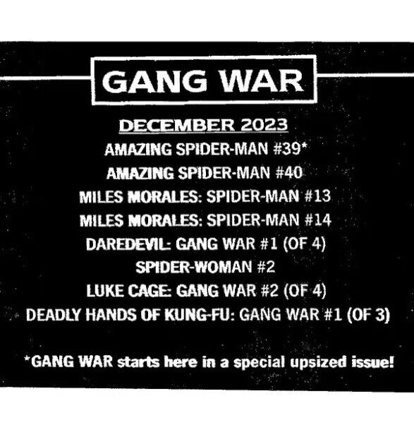 GANG WAR MARVEL  THE 2023 COVERS - DAREDEVIL #1  SPIDER-MAN   KUNG FU #1 + more!