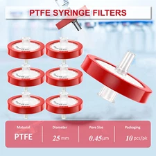 Simpure Syringe Filter 0.45μm 25mm,200x Hydrophobic PTFE Membrane No-Sterile,Red