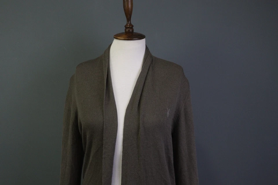 Cárdigan Suéter AllSaints Marrón Merino Frente Abierto Manga Larga Talla M Foto 2 de 4