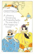 Greetings Girls Colorful Dresses Art Deco ca 1920s Embossed Vintage Postcard