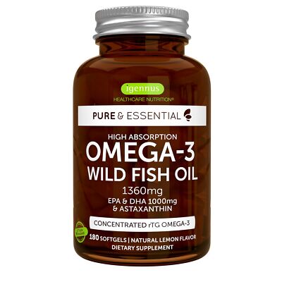 Igennus Omega 3 Fish Oil rTG 1360mg EPA DHA Astaxanthin 180 Softgels IFOS