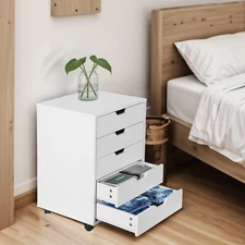 5 Drawers Chest Dresser Storage Mobile File Cabinet for Bedroom w/ Wheels White