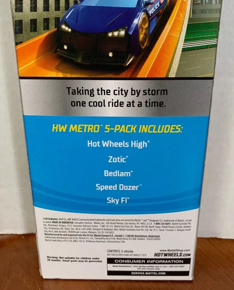 Hot Wheels HW Metro (paquete de 5) 2018, Mattel, HW High, Zotic, Bedlam, Speed Dozer, Sky Fi Foto 3 de 3