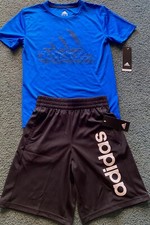 NWT Adidas Boys YMD Blue/Black/White LOGO Aeroready Shorts Set Medium