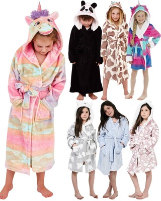 Kids Dressing Gown Boys Girls Soft Fleece Novelty Animal 3D Hooded Robe