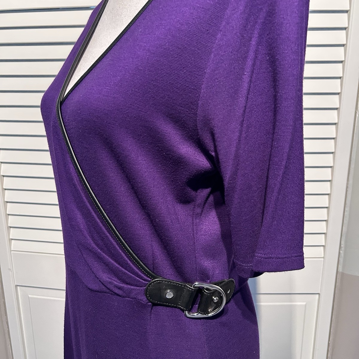 Lauren Ralph Lauren Wrap Dress Jersey Knit Faux Leather Trim Side Buckle  Career
