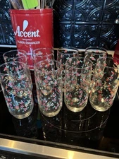 Vintage Anchor Hocking tea glasses, set of 8, 6”H/colorful dainty daisy flowers