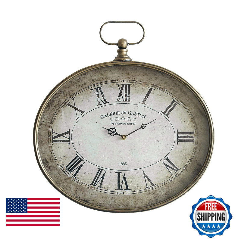 Perisoul Large Vintage Wall Clock - 20 Inch Distressed Gold Oval Pocket Watch