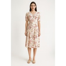 cottagecore dress white pink floral 90s vtg lace collar midi dress size S
