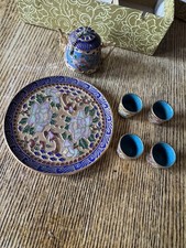 EXTRAORDINARY N/M VTG MINIATURE CLOISONNE ENAMEL  GOLD TEA SET, IN ORIGINAL BOX
