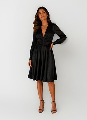 8 by YOOX Black Satin Midi Dress Women Size 44 Long Sleeve Ruched Waist NWT