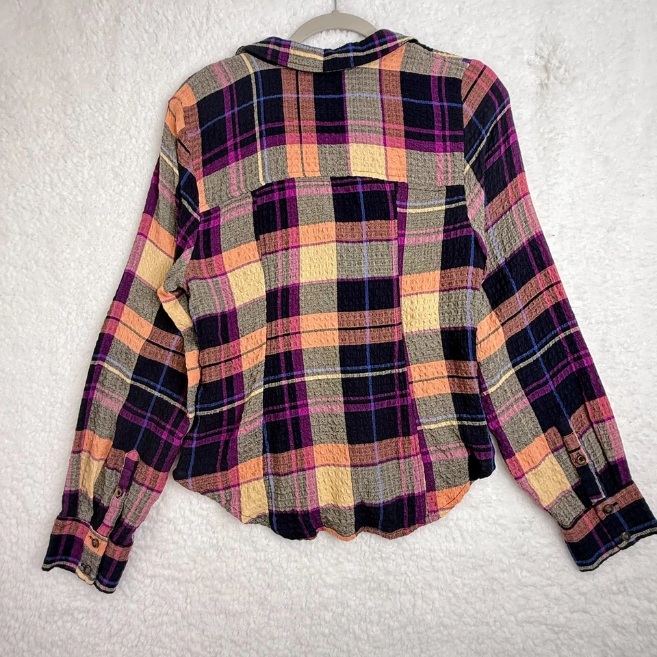 Blusa Pilcro Anthropologie xadrez M botão frontal franzida manga longa top outono - Imagem 3 de 4