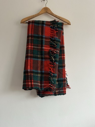 Vintage Wool Tartan Blanket Red Blue Stewart Tartan Throw Checked Blanket