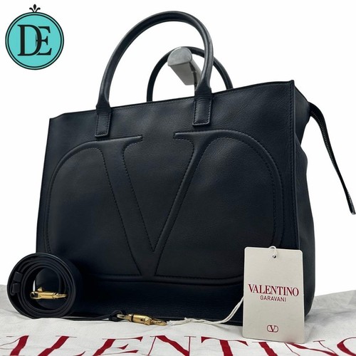 VALENTINO GARAVANI Women 2-way Shoulder Hand bag Leather Black Emboss Logo-V