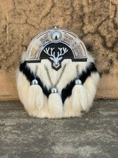 Scottish White Fur Stag head Badge Leather Kilt Sporran With Chain Belt