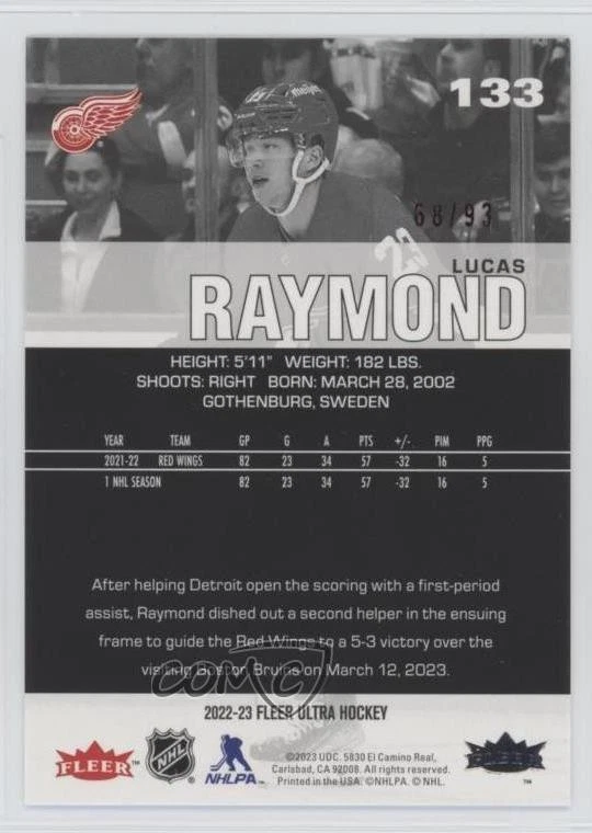 2022-23 Upper Deck Fleer Ultra Red Foil /93 Lucas Raymond #133 - Image 2 of 2