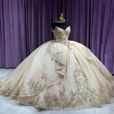Champagne QuinceaneraDress Off Shoulder Sequin Embroidery Ball Gown With Big Bow
