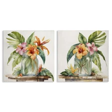 Tropical Hibiscus Floral Jar 2 pc Canvas Wall Art Set Design by Kim Allen, 24...
